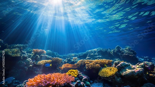 Wallpaper Mural An underwater scene showing vibrant coral reefs and colorful marine life, illuminated by beams of sunlight filtering through the water Torontodigital.ca