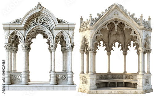 A stone pavilion in Gothic style, featuring arched windows and delicate carvings of foliage