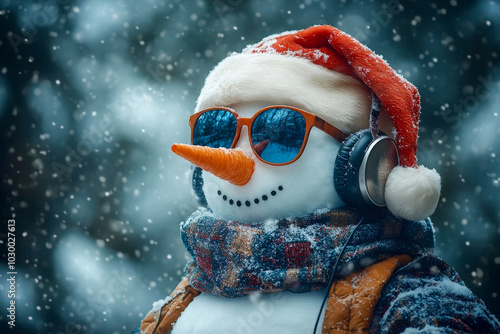 Fun snowman wearing sunglasses, a Santa hat, and headphones in a snowy winter scene, capturing a festive and playful vibe