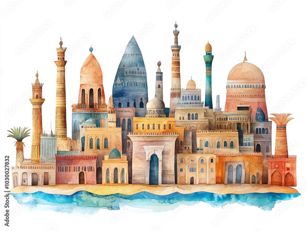 Fototapeta premium Ancient Egyptian cityscape with pyramids and temples 