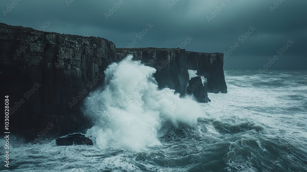 Powerful ocean waves crashing against rocky cliffs, sending up sprays of white foam under a stormy sky Powerful ocean waves crashing against rocky cliffs, sending up sprays of white foam under a stormy sky