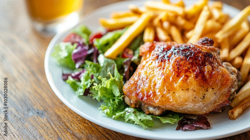 A plate of roasted chicken with fries and a side salad. A plate of roasted chicken with fries and a side salad.