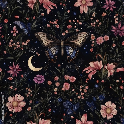 Gothic garden pattern with butterflies, moths, flowers, crescent moon seamless texture