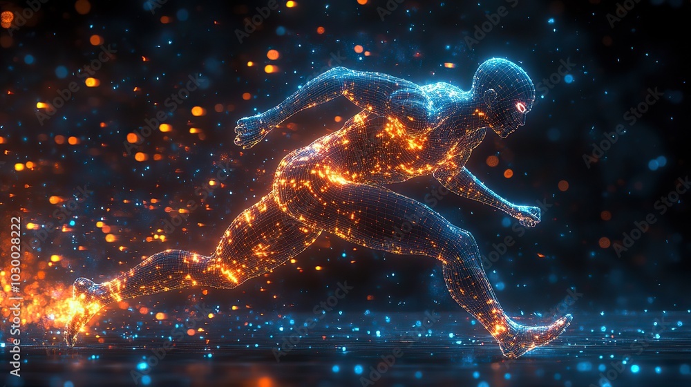 A futuristic digital design of a glowing wireframe athlete running on a dark blue background. A futuristic digital design of a glowing wireframe athlete running on a dark blue background.