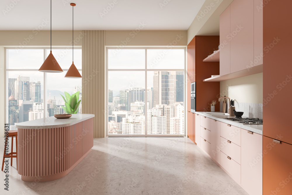 Fototapeta premium Modern kitchen interior with city view and stylish design. 3D Rendering