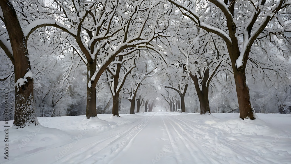 A mesmerizing vista of snow-laden trees lining a path, their branches intertwined to create a captivating archway. A mesmerizing vista of snow-laden trees lining a path, their branches intertwined to create a captivating archway.