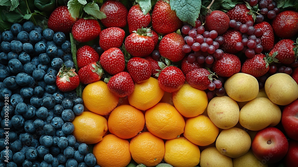 A bottom view of fruits and vegetables arranged vividly. A bottom view of fruits and vegetables arranged vividly.