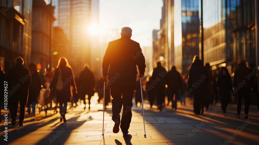 City Street Scene at Sunset with Pedestrian Using Crutches in Busy Crowd City Street Scene at Sunset with Pedestrian Using Crutches in Busy Crowd