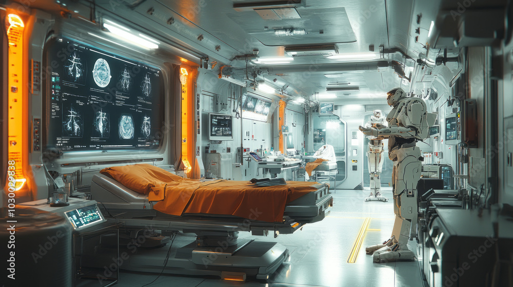 An operating room full of holographic displays showing surgical plans and patient anatomy is depicted in this futuristic scene of surgery involving a robotic arm that uses lasers An operating room full of holographic displays showing surgical plans and patient anatomy is depicted in this futuristic scene of surgery involving a robotic arm that uses lasers