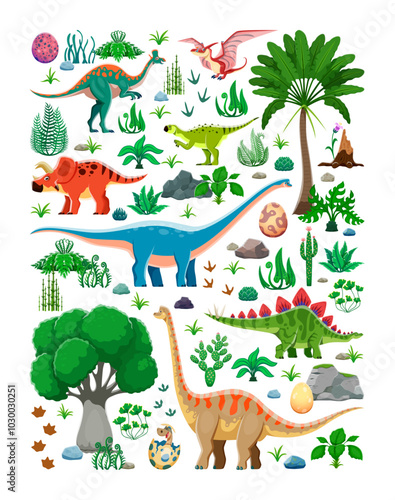 Prehistoric era dinosaur characters and dino lizards in jungle forest, cartoon vector. Funny dinosaurs and prehistoric pterodactyl lizards of Jurassic era for kids dino paleontology encyclopedia