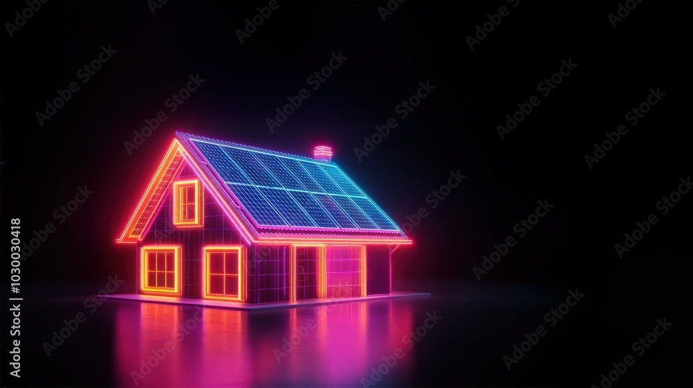 3D rendering of a house with solar panels on the roof, glowing neon light on a black background, showcasing modern sustainable design, solar powered home, clean energy, modern architecture 3D rendering of a house with solar panels on the roof, glowing neon light on a black background, showcasing modern sustainable design, solar powered home, clean energy, modern architecture