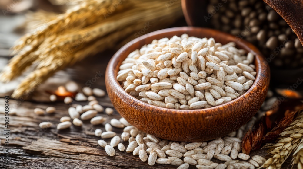 Puffed Rice Delight: A rustic wooden bowl overflows with light and airy puffed rice, complemented by wheat stalks in the background, creating a wholesome and inviting image. Puffed Rice Delight: A rustic wooden bowl overflows with light and airy puffed rice, complemented by wheat stalks in the background, creating a wholesome and inviting image.