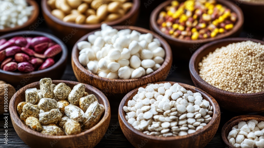 A Symphony of Grains and Legumes: A rustic wooden table is adorned with an array of wooden bowls, each brimming with a different type of grain and legume. A Symphony of Grains and Legumes: A rustic wooden table is adorned with an array of wooden bowls, each brimming with a different type of grain and legume.
