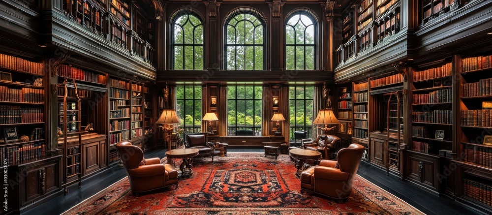 Luxurious library interior with large windows, ornate wooden bookshelves, leather armchairs, and a Persian rug. Luxurious library interior with large windows, ornate wooden bookshelves, leather armchairs, and a Persian rug.