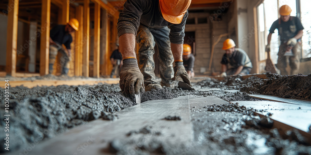Group of construction worker all in an orange construction helmet and black and white clothing, laying laminate inside building, they are indoor. Group of construction worker all in an orange construction helmet and black and white clothing, laying laminate inside building, they are indoor.