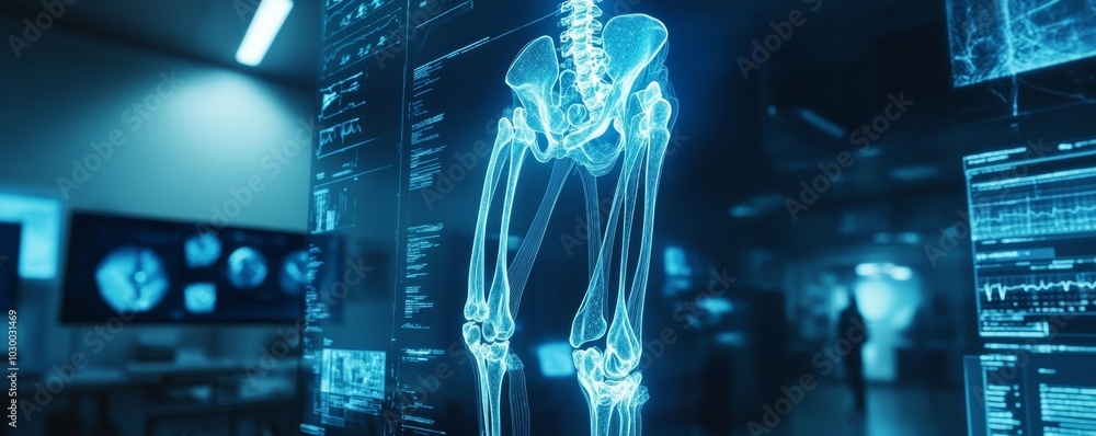 Knee skeleton displayed in high-tech medical scan, swirling neon blue healing lights, advanced holographic technology in a sci-fi lab setup