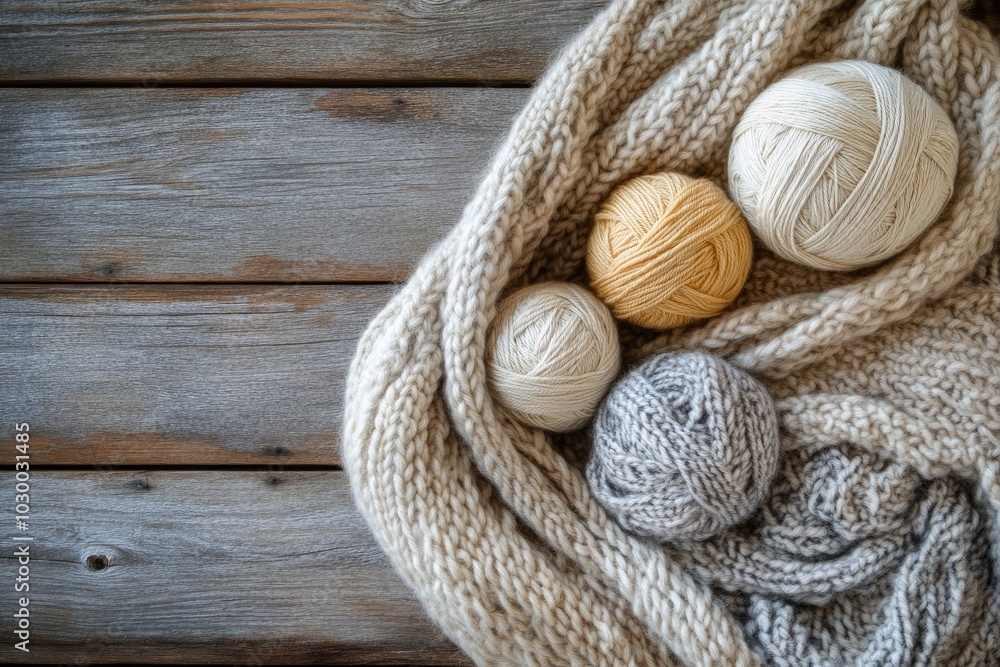 Knitted scarf and yarn balls. Perfect for a crafting or knitting project. Knitted scarf and yarn balls. Perfect for a crafting or knitting project.
