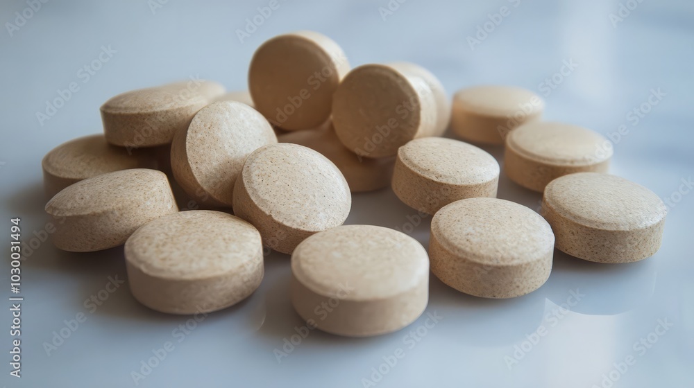 Pills for Wellness: A close-up shot of a pile of round, beige pills on a white surface, emphasizing health and wellness. The image is perfect for illustrating concepts related to medicine. Pills for Wellness: A close-up shot of a pile of round, beige pills on a white surface, emphasizing health and wellness. The image is perfect for illustrating concepts related to medicine.