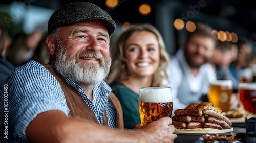 Vibrant outdoor festival featuring people in lederhosen and dirndl dresses enjoying German beer and sausage while listening to live bands photo