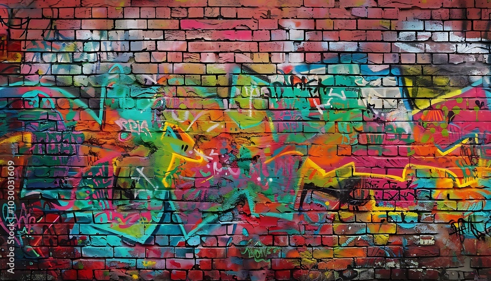 Naklejka premium Colorful graffiti on a brick wall. Abstract background for design.
