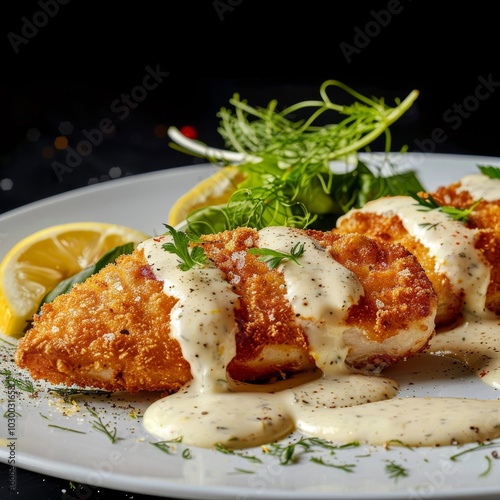 White Fish Fillet, Breaded Pike Perch, Zander Fillet with Cream Sauce Closeup, Restaurant Main Course photo