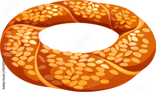 Cartoon Turkish simit. Isolated vector traditional and popular Turkey bakery. Ring-shaped bread with golden-brown and slightly crisp texture generously coated with sesame seeds. Fresh delicious pastry