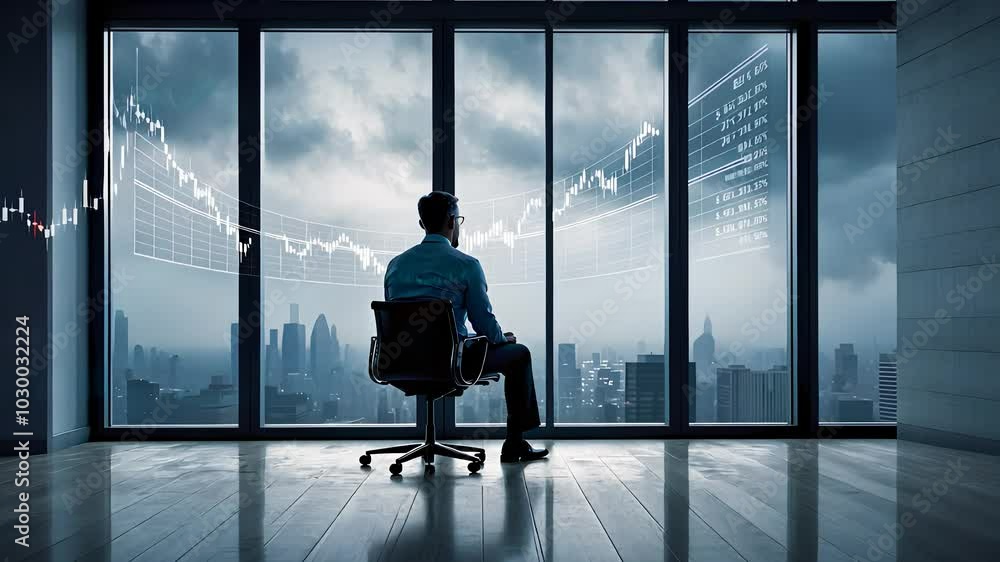 Businessman Observing City Skyline with Financial Data Businessman Observing City Skyline with Financial Data