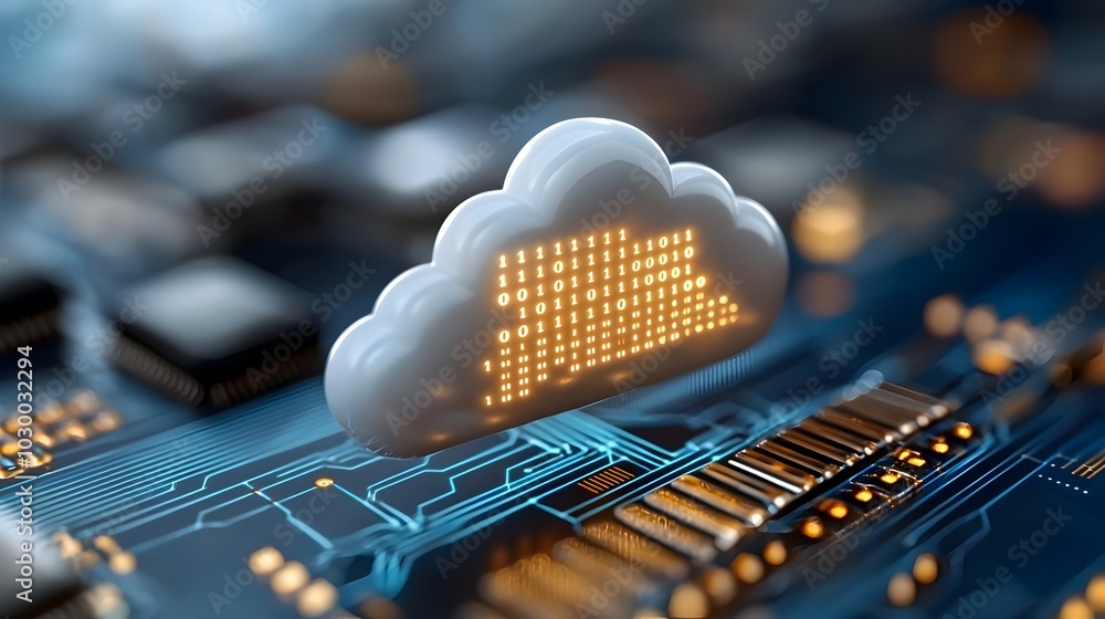 Floating digital cloud formed by binary code and data grids overlaying ...