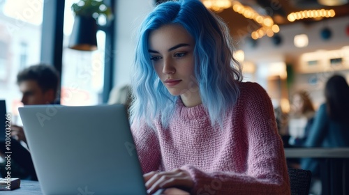 Young woman with blue hair working on laptop in a cozy cafe, focused and engaged in her task, creatively inspired by the environment.