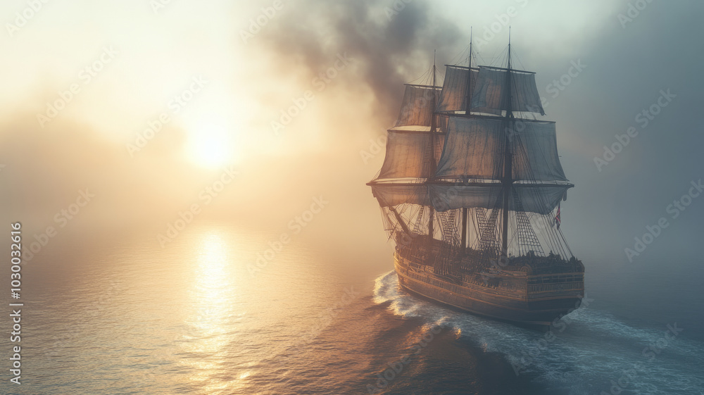 a 19th century British ship, sailing across the sea a 19th century British ship, sailing across the sea