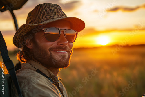 tourist with big head and hat is driving safari cart in south africa looking through the camera on the lion, sunset