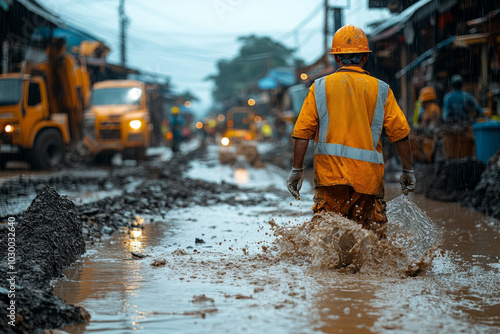 Construction worker wear safety uniform are excavation water drainage at construction site