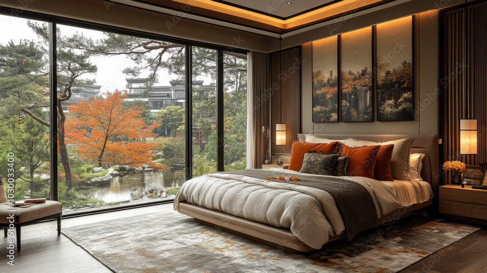 Elegant bedroom that merges New Chinese aesthetics with contemporary luxury. The room features a large bed with a sleek wooden frame and plush bedding in neutral tones Elegant bedroom that merges New Chinese aesthetics with contemporary luxury. The room features a large bed with a sleek wooden frame and plush bedding in neutral tones