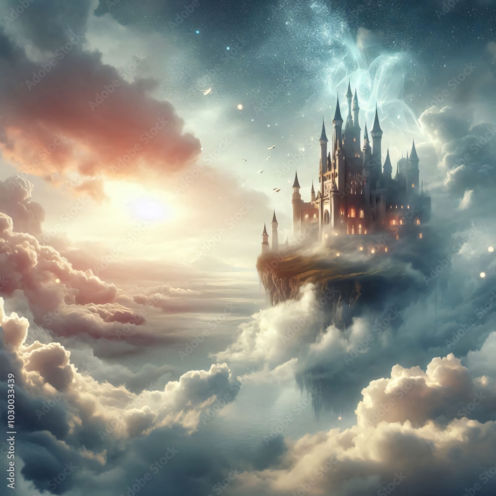 Fototapeta premium Floating castle in the clouds with ethereal light