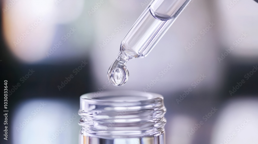 Droplet of Innovation: A close-up shot of a glass dropper releasing a single drop of liquid into a clear bottle, symbolizing precision, purity, and the essence of scientific discovery. Droplet of Innovation: A close-up shot of a glass dropper releasing a single drop of liquid into a clear bottle, symbolizing precision, purity, and the essence of scientific discovery.