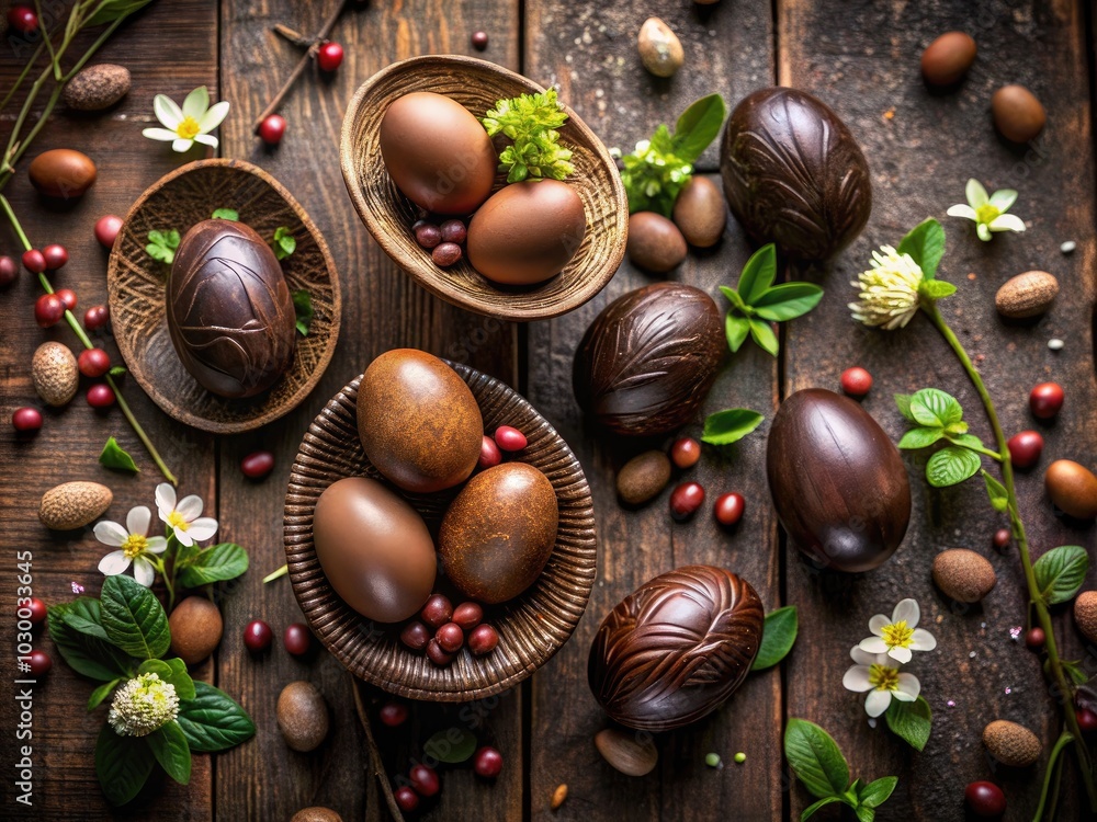Experience the warmth of seasonal celebrations through low light photography, featuring decadent chocolate Easter eggs artfully displayed on a charming wooden table. A feast for the eyes. Experience the warmth of seasonal celebrations through low light photography, featuring decadent chocolate Easter eggs artfully displayed on a charming wooden table. A feast for the eyes.