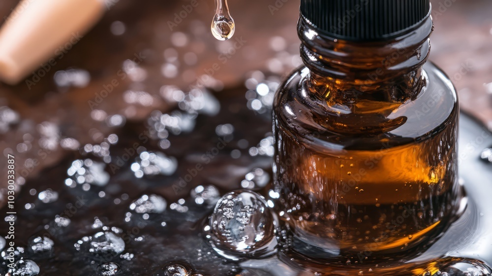 Amber Elixir: A drop of liquid gold falls from an amber bottle, surrounded by glistening ice crystals on a rich wooden surface.  A luxurious and evocative image.