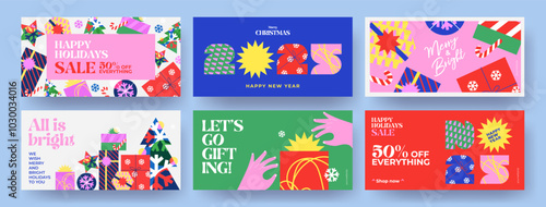Merry Christmas holiday covers or horizontal posters, greeting cards in modern geometric style for web, branding, social media advertising, promo, print, sales. Trendy Xmas layout design templates