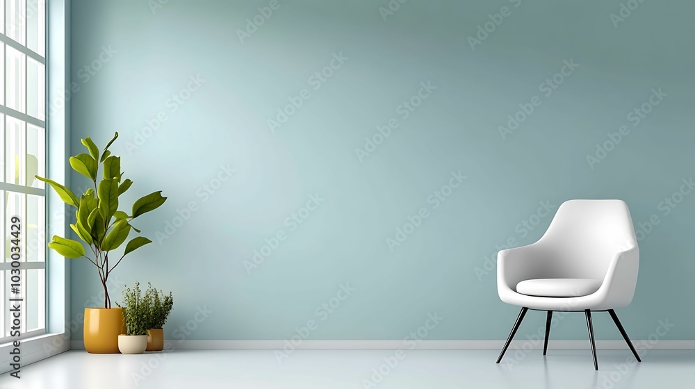A tranquil minimalist space featuring an isolated chair against a soft blue wall. Ideal for showcasing modern interior design and peaceful living. A tranquil minimalist space featuring an isolated chair against a soft blue wall. Ideal for showcasing modern interior design and peaceful living.