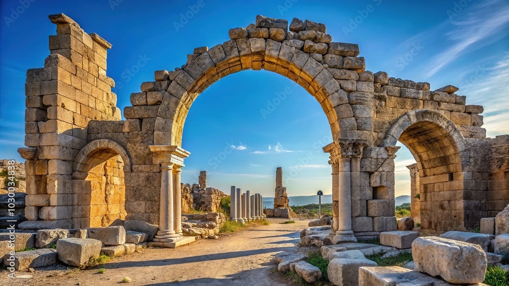 Ancient Ruins of Perge, Turkey - Majestic Archway in a Historic Site, Vertical Composition for Text Overlay, Captivating Landscape Photography Ancient Ruins of Perge, Turkey - Majestic Archway in a Historic Site, Vertical Composition for Text Overlay, Captivating Landscape Photography
