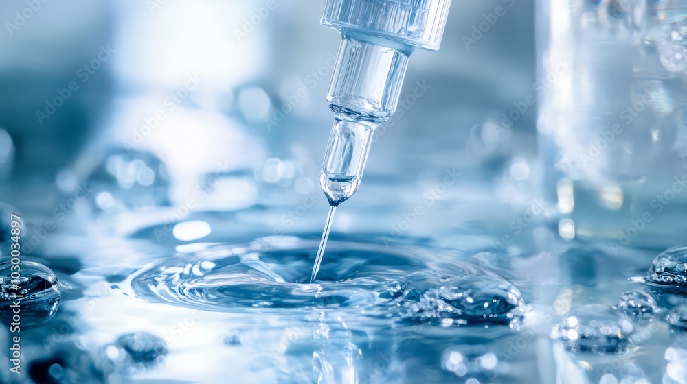 Precision Drop: A close-up shot showcasing a single drop of liquid falling from a medical pipette onto a reflective surface, emphasizing precision and scientific research. Precision Drop: A close-up shot showcasing a single drop of liquid falling from a medical pipette onto a reflective surface, emphasizing precision and scientific research.