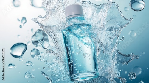 Refreshing Hydration: A bottle of mouthwash emerges from a splash of water, capturing the essence of clean, fresh breath and oral care. The dynamic image conveys a sense of vitality and purity.