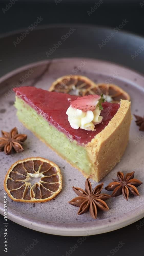 No baked sweet strawberry cheesecake with pistachio and cream cheese on a dark textured background No baked sweet strawberry cheesecake with pistachio and cream cheese on a dark textured background