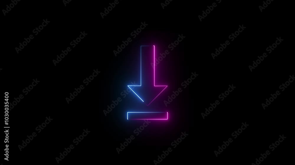 Neon download arrow icon on black background animation. neon download button icon. Neon download arrow icon on black background animation. neon download button icon.