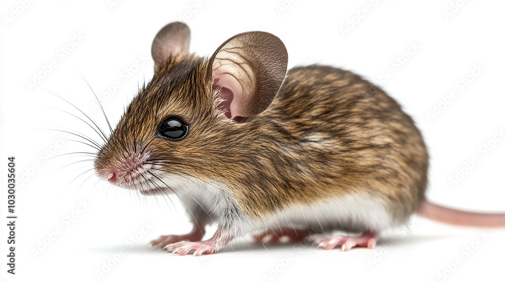 Side-profile view of a light brown Cairo spiny mouse (acomys cahirinus) isolated on a white background. The mouse is standing sideways and looking straight ahead. Side-profile view of a light brown Cairo spiny mouse (acomys cahirinus) isolated on a white background. The mouse is standing sideways and looking straight ahead.