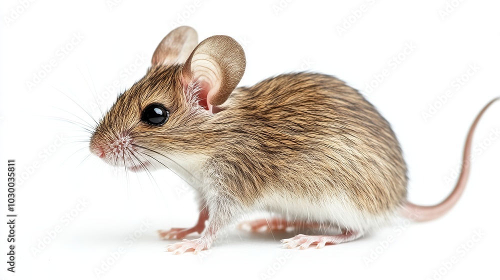 Side-profile view of a light brown Cairo spiny mouse (acomys cahirinus) isolated on a white background. The mouse is standing sideways and looking straight ahead. Side-profile view of a light brown Cairo spiny mouse (acomys cahirinus) isolated on a white background. The mouse is standing sideways and looking straight ahead.