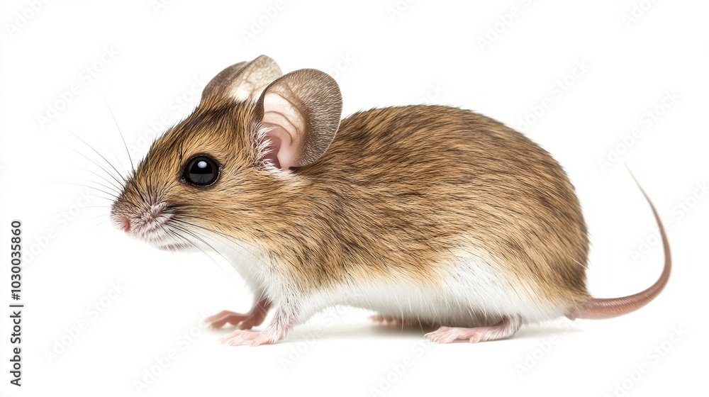Side-profile view of a light brown Cairo spiny mouse (acomys cahirinus) isolated on a white background. The mouse is standing sideways and looking straight ahead. Side-profile view of a light brown Cairo spiny mouse (acomys cahirinus) isolated on a white background. The mouse is standing sideways and looking straight ahead.