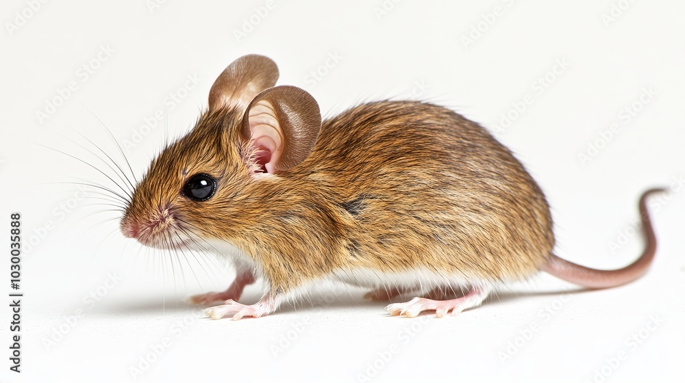 Side-profile view of a light brown Cairo spiny mouse (acomys cahirinus) isolated on a white background. The mouse is standing sideways and looking straight ahead. Side-profile view of a light brown Cairo spiny mouse (acomys cahirinus) isolated on a white background. The mouse is standing sideways and looking straight ahead.