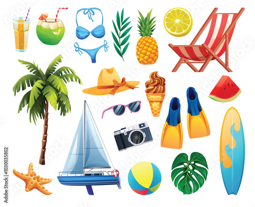 Summer beach vacation elements featuring palm tree, sailboat, camera, and more. Vector cartoon illustration
