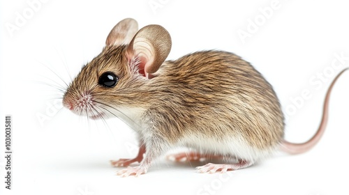 Side-profile view of a light brown Cairo spiny mouse (acomys cahirinus) isolated on a white background. The mouse is standing sideways and looking straight ahead. 